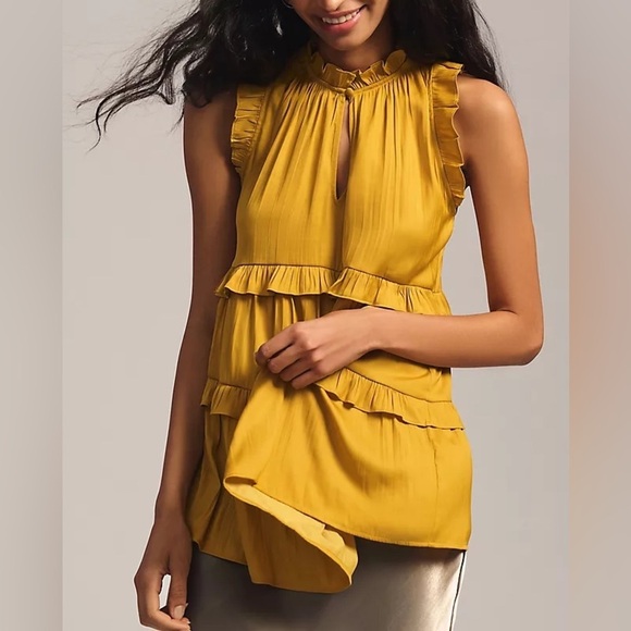 Anthropologie Tops - By Anthropologie Tiered Sleeveless Satin Blouse Honey Mustard Gold Size Small